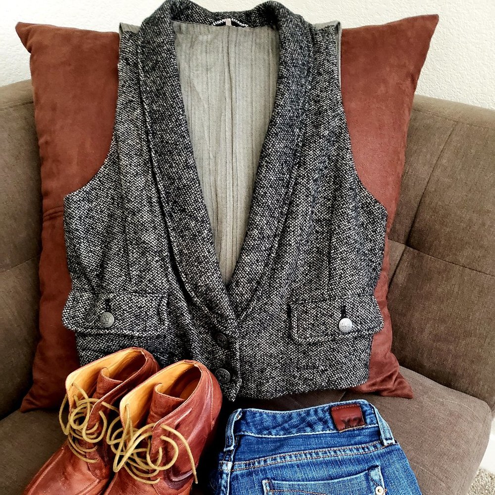 Free People Wool Tweed Vest - Black Melange